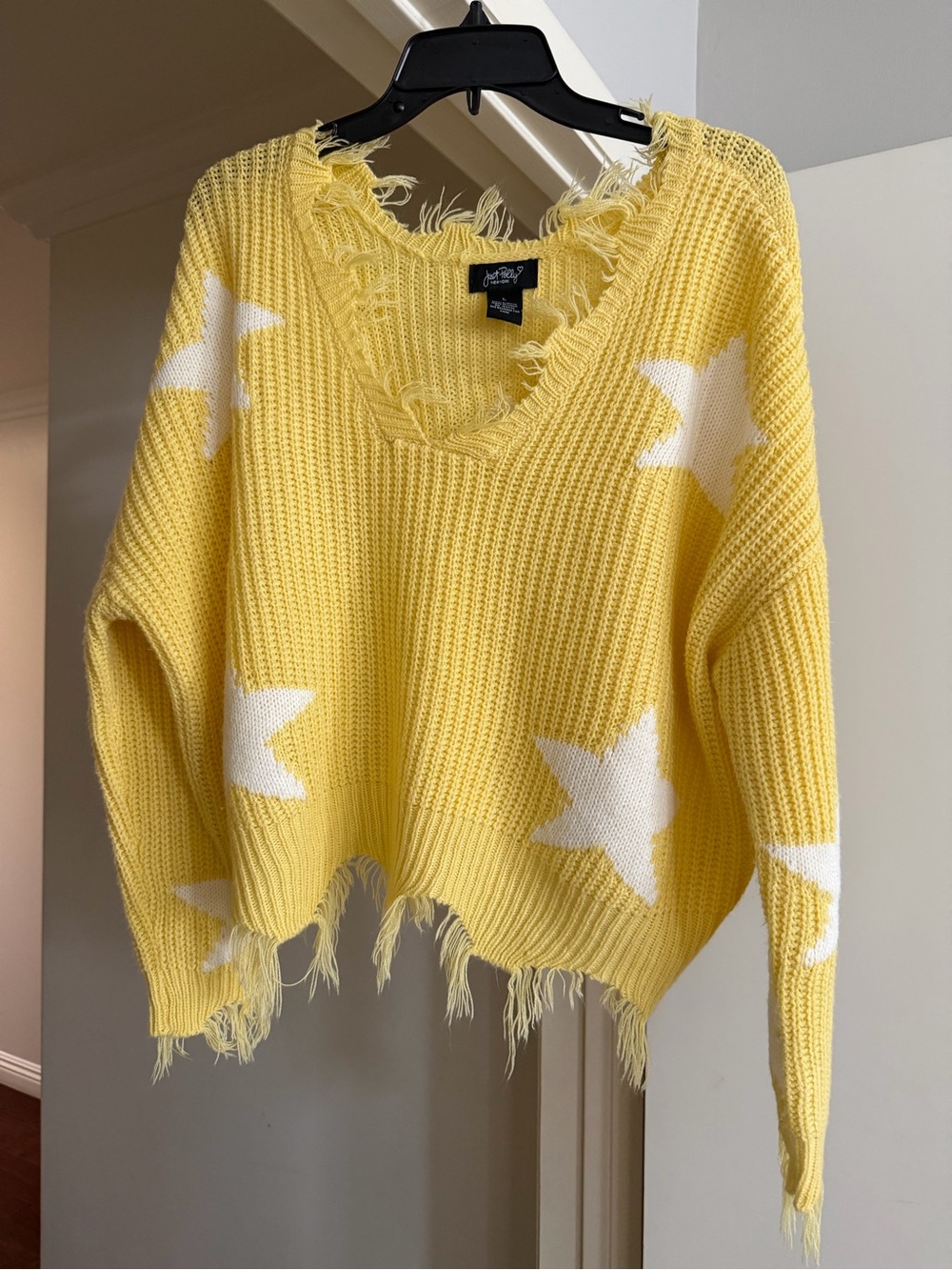 Just Polly NY Lush Yellow Star Distressed V-Neck Sweater